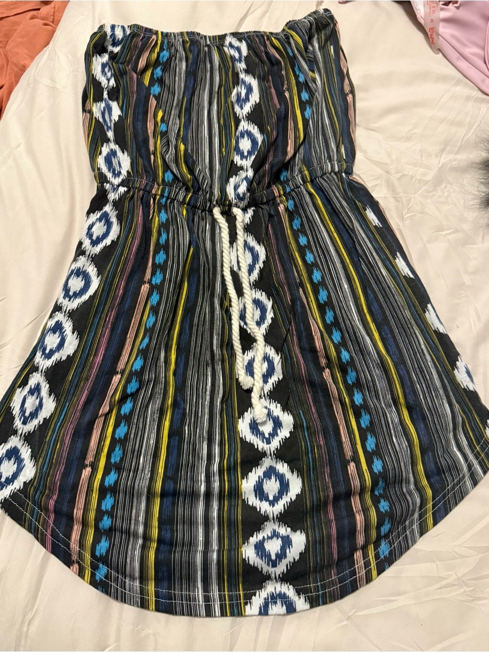 Lagaci Strapless Black Dress with Multicolor Tribal Stripes